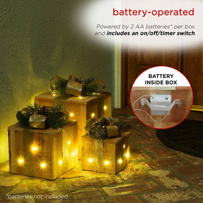 Alpine Corporation 3-Piece Decorative Wooden Christmas Gift Box Set with LED Lights