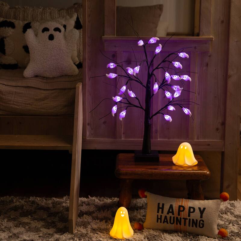2-ft Pre-Lit Artificial Halloween Ghost Twig Tree with 24 Lights - Black