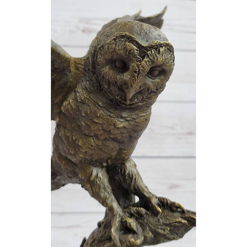 Bronze Marble Base Owl Bird Sculpture Statue Figure Art Decor Hot Cast Figurine