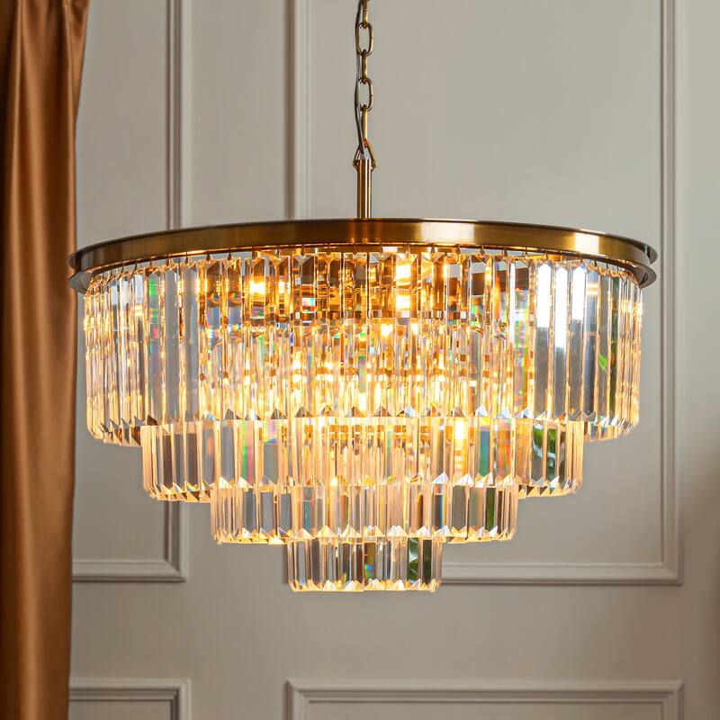 8-Lights Mid-Century Modern 4-Tier Round Fringe Crystal Chandelier - W31.5" - Antique Gold