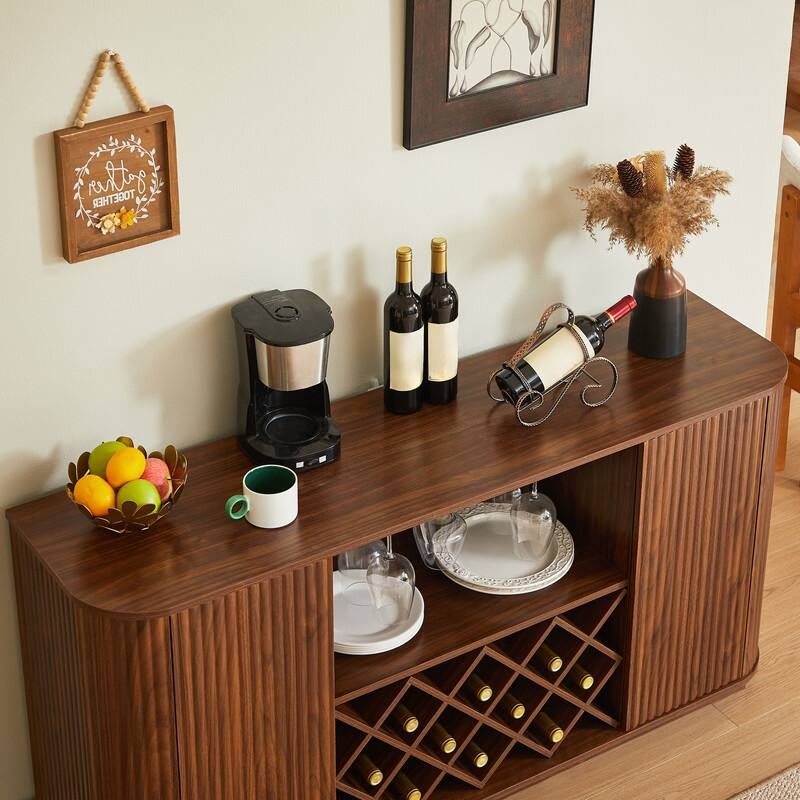 Modern 58" Fluted Curved Sideboard Multifunctional Storage Cabinet with Wine Rack and Adjustable Shelves
