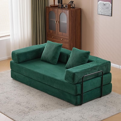Green Fabric Foldable Futon Sofa Bed Convertible with Corduroy Cover - 78.5” L x 37” W x 23.6” H
