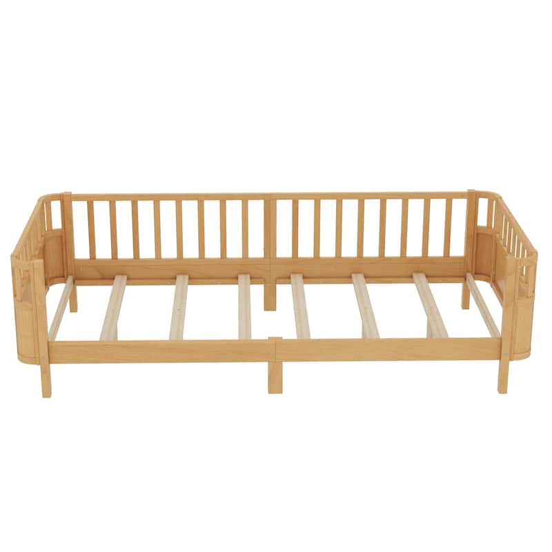 Multi Size Low Platform Bed for Kids with Rounded Corners Guardrails, Detachable Right-side Fence and Open Left-side Design