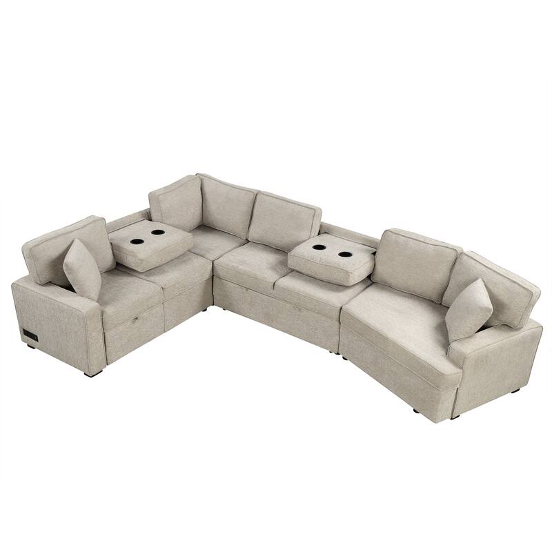 Beige 126" L-Shaped 6-Seater Sectional Sofa with Pull-Out Bed, USB Charging Ports, and Drop-Down Cup Holder Tables
