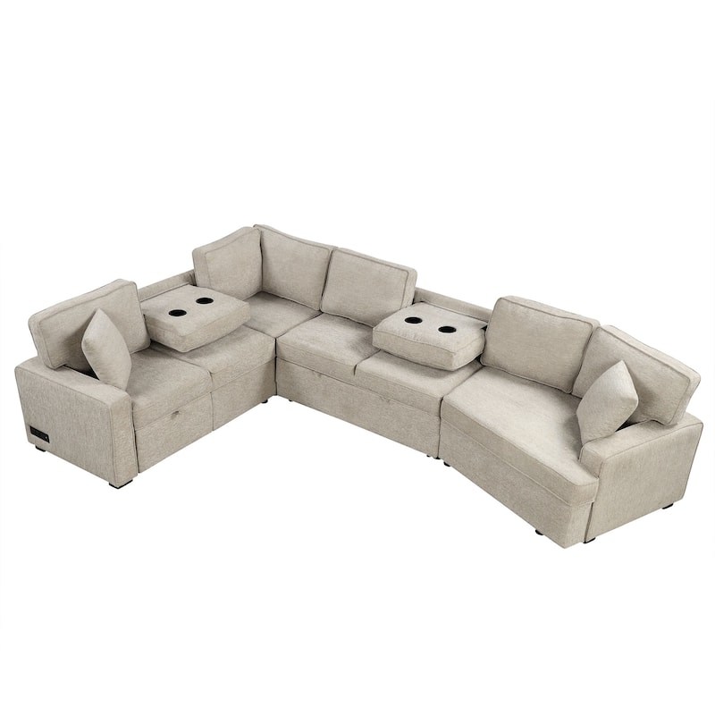 Modern 126" L-Shaped Sofa with Sleeper Bed, Cup Holders, and Power Outlets