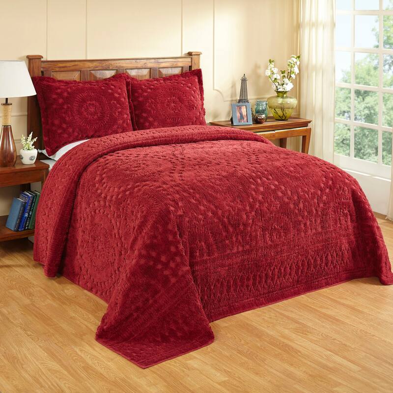 Better Trends Chenille Bedspread Set 100% Cotton Lightweight Soft Floral Bedding Design Tufted Coverlet Washable Rio Collection - Burgundy - Full