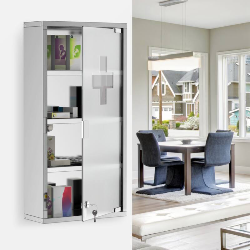 Wall Mounted Medicine Cabinet, Locking Wall Cabinet with 4 Tier Shelves,Silver