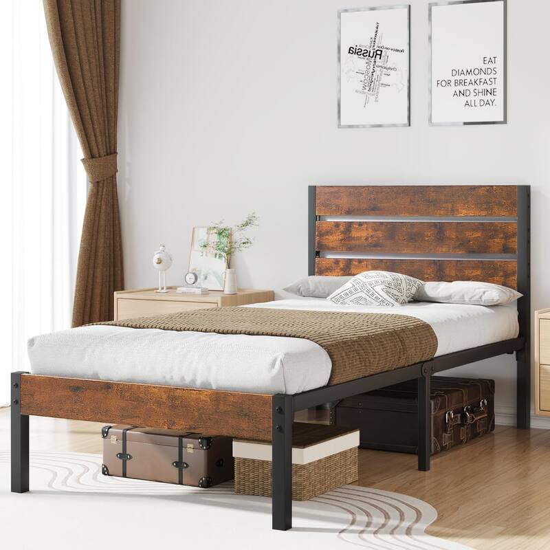 3-Pieces Bed Frame with Wood Headboard and Modern Nightstands Set of 2
