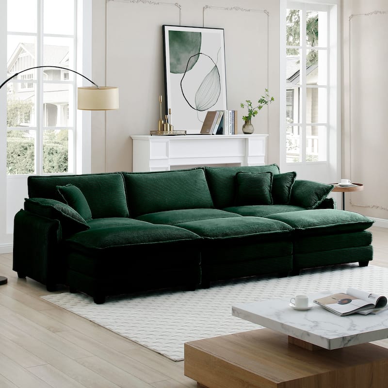 Green 6-Piece Corduroy Modular Sleeper Sectional Sofa with 3 Ottomans & 5 Pillows