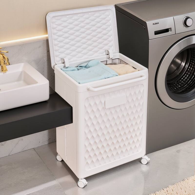 VECELO Rolling Laundry Basket L Size White Laundry Basket with Universal Wheels Handle and Lid for Laundry Room and Bathroom - White