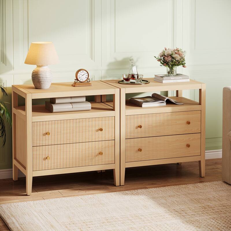 2-Drawer Farmhouse Nightstand, Wide Bedside Table Large Night Stand