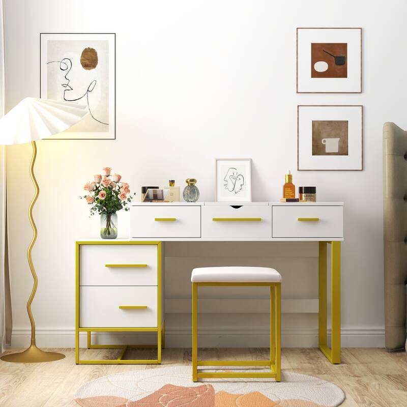 Roomfitters White and Yellow Makeup Vanity Set with Mirror, 4-Drawer Dressing Table with Stool and Nightstand for Bedroom - White