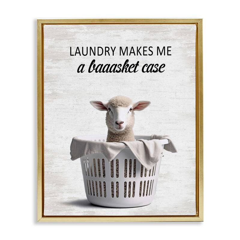 Stupell Funny Lamb Laundry Basket Framed Floater Canvas Wall Art Design By Lettered and Lined - 25 x 31 - Gold