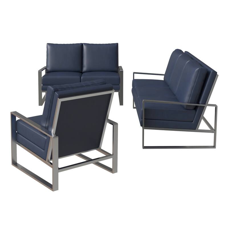 3-Piece Leather Sofa Set Brushed Stainless Steel Base and Removable Cushions