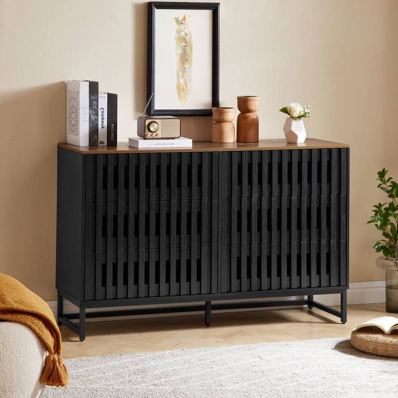 Modern Style Dressing with Grille Stripe Door 3 Drawers and 4 Shelves, for Living Room, Dining Room Office