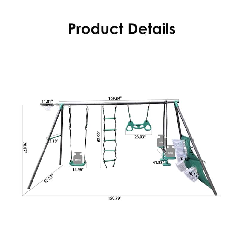 Outdoor Swing Set w/Durable Metal and Plastic, Safe Play Equipment w/Face-to-Face Swing, Basketball Hoop and Soccer Net - N/A