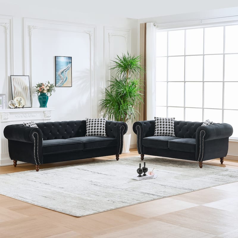 Velvet Chesterfield Sofa Set of 2 with Loveseat and 3 Seater Couch, Deep Seat Tufted Sofas with Nailhead Trim and Rolled Arms