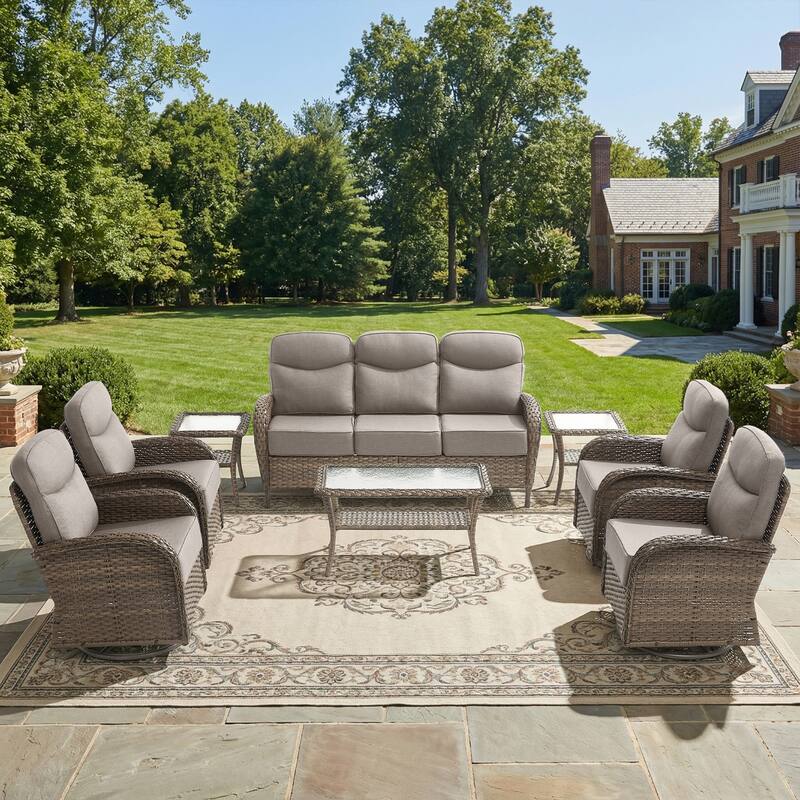 Pocassy 8-Piece Outdoor Patio Sofa Swivel Chair with Table - Brown Wicker Gray Cushion - 8-Piece Sofa Swivel Chair with Table