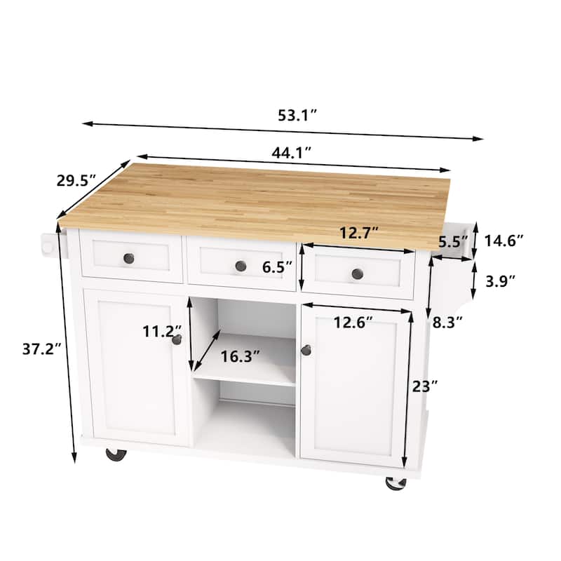 Kitchen Cart with Rubber wood Drop-Leaf Countertop
