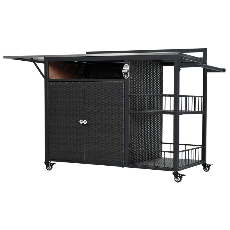 Outdoor Kitchen Cart w/ Foldable Steel Top, Lockable Wheels, PE Rattan