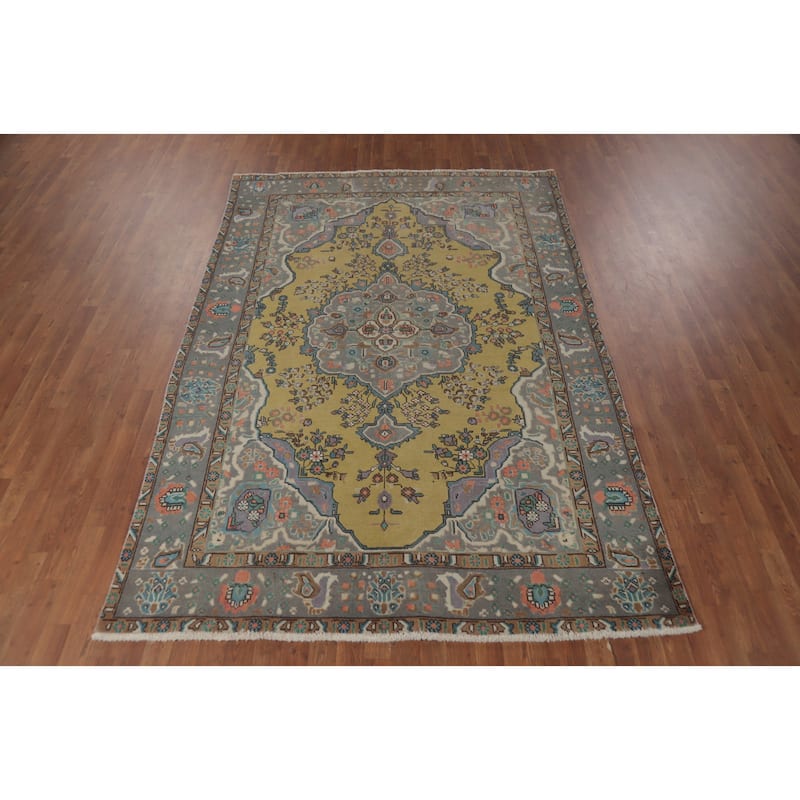 Tabriz Persian Vintage Rug Traditional Yellow Handmade Wool Carpet - 6'3" x 9'4"