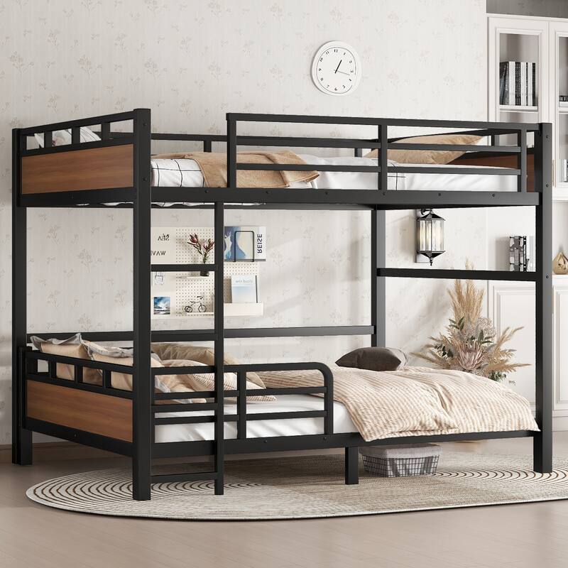 Roomfitters Twin/Full/Queen Metal Bunk Bed & Loft Bed with Raised Safety Fence, Convertible Platform Design, Vintage Wood