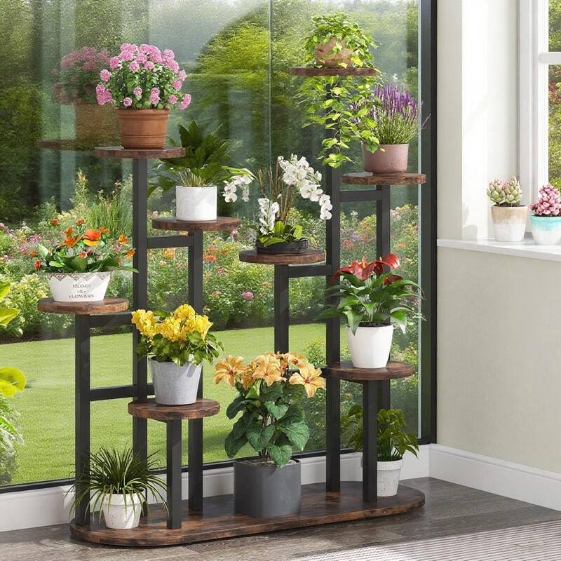 Black-Brown Metal Particleboard Multi-Tier Plant Stand for 11 Pots - 39.37” W x 43.3” H