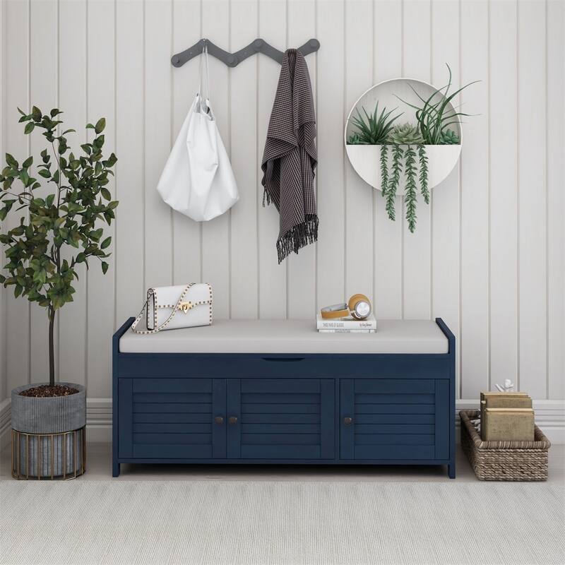 Merax 3 Shutter-shaped Doors Storage Bench with Removable Cushion