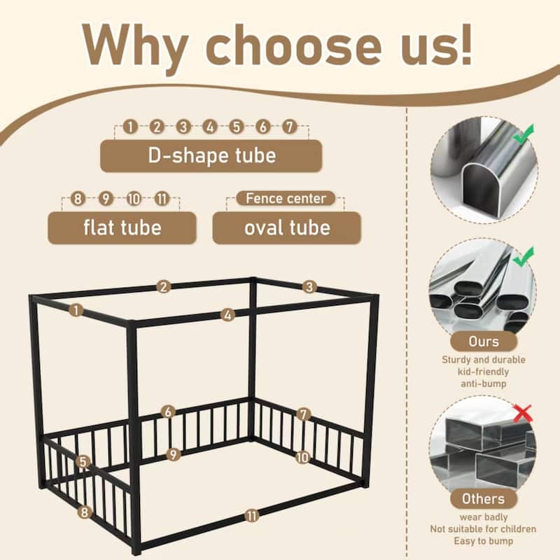 Twin Size Iron Canopy Bed with Fence Guardrails and Sunshade Design