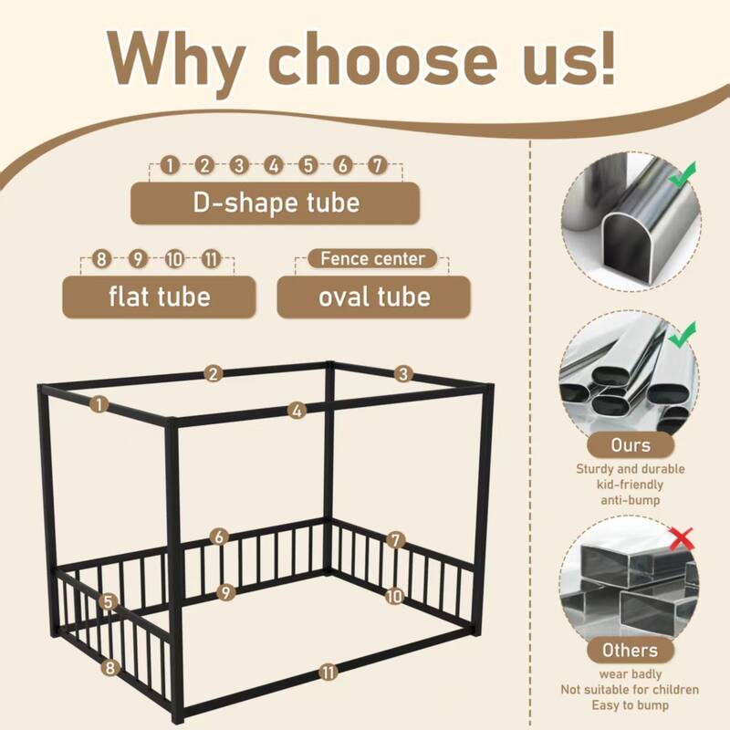 Twin Size Sunshade Floor Bed, Iron Double-Size Bed Frame,Equipped With Fence-Style Guardrails