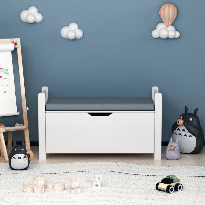 Anmytek White Large Kids Toy Box Storage Bench with Cushion Seat Safety Hinge Flip Top Lid for Nursery Playroom