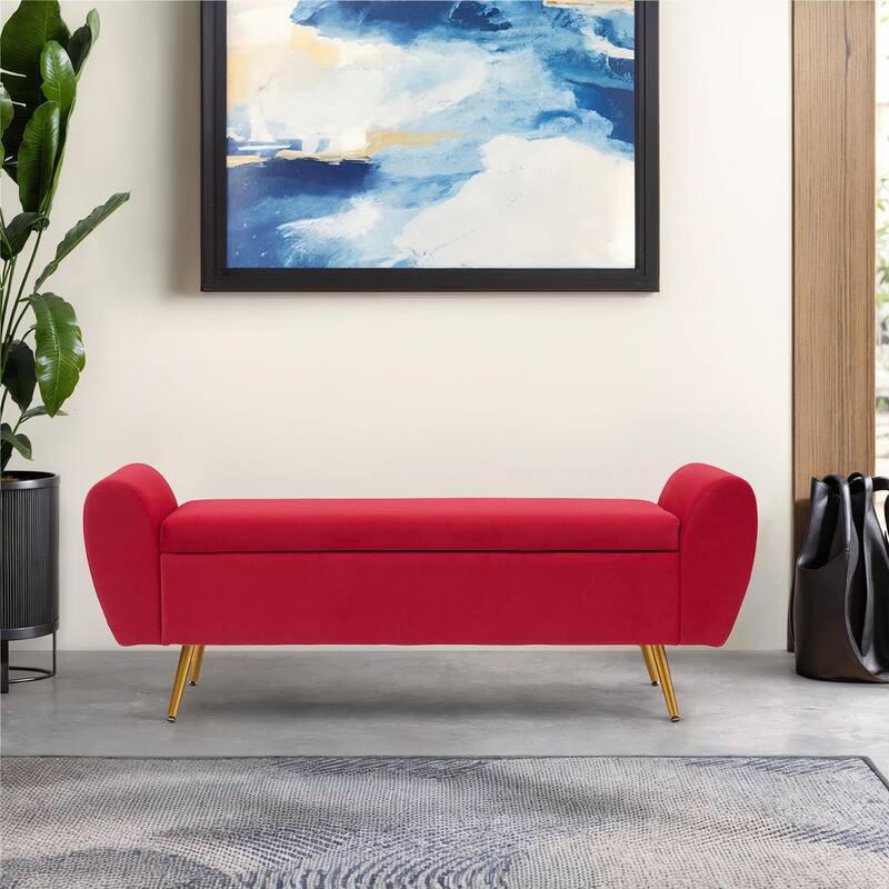 Upholstered 56"W Flip Top Storage Bench with arms - Velvet - FUCHSIA