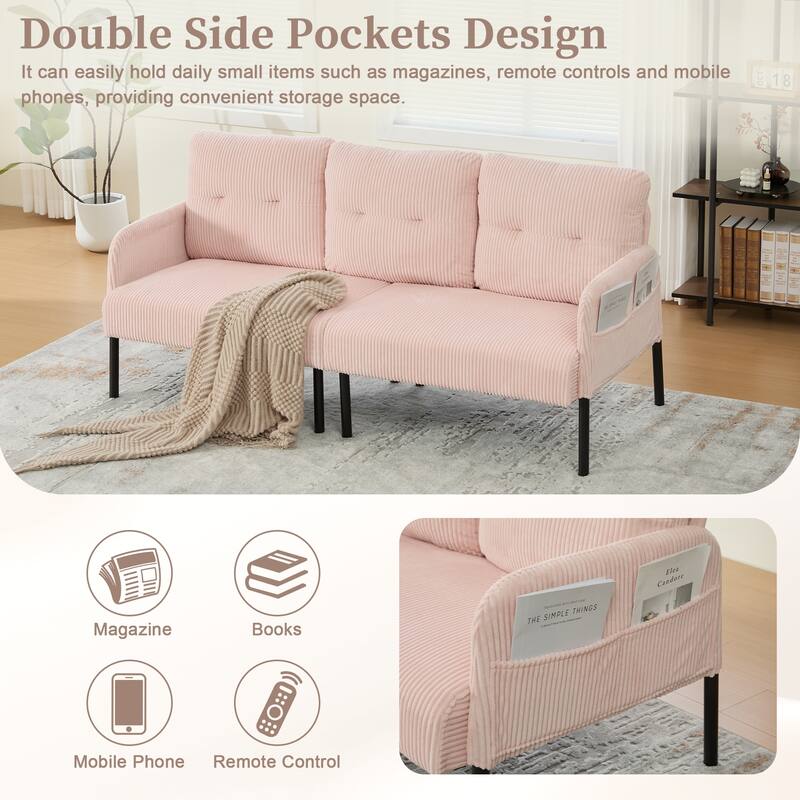 HOMEFUN Corduroy Upholstered Oversized Wood Frame Loveseat Sofa with Metal Legs and Side Pockets