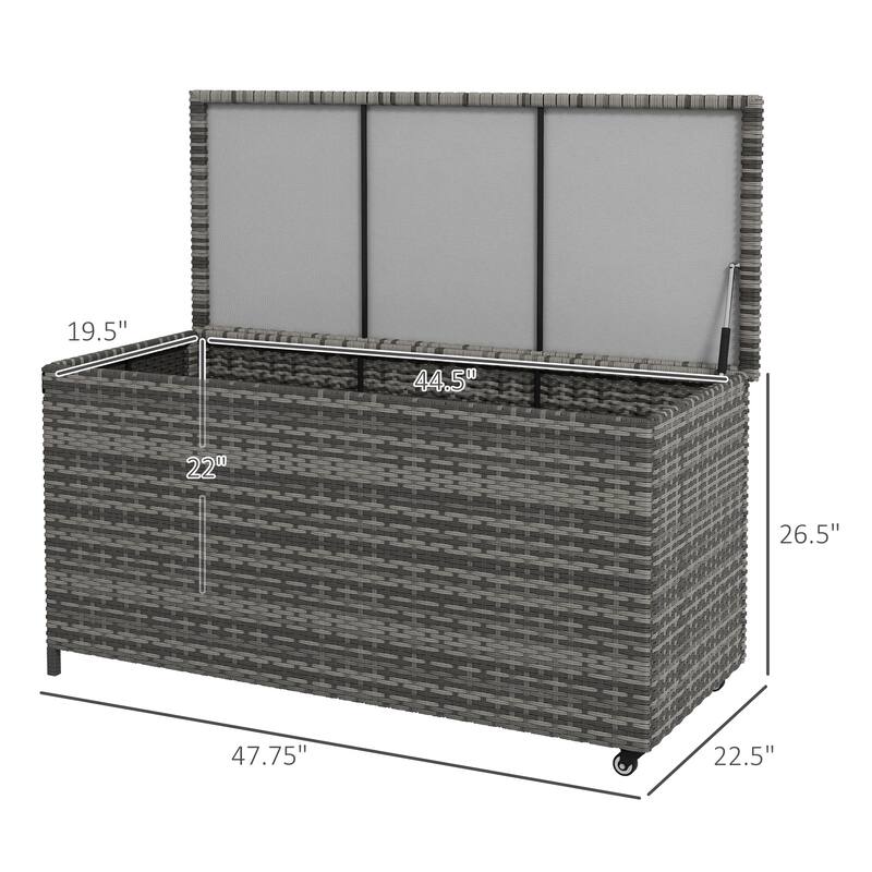 83 Gallon PE Wicker Deck Box Outdoor Trunk with 2 Wheels and Lid for Patio Cushions and Garden Tools