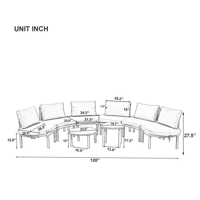 6/8-Piece Half Moon PE Wicker Patio Sectional Set with Dual Coffee Tables