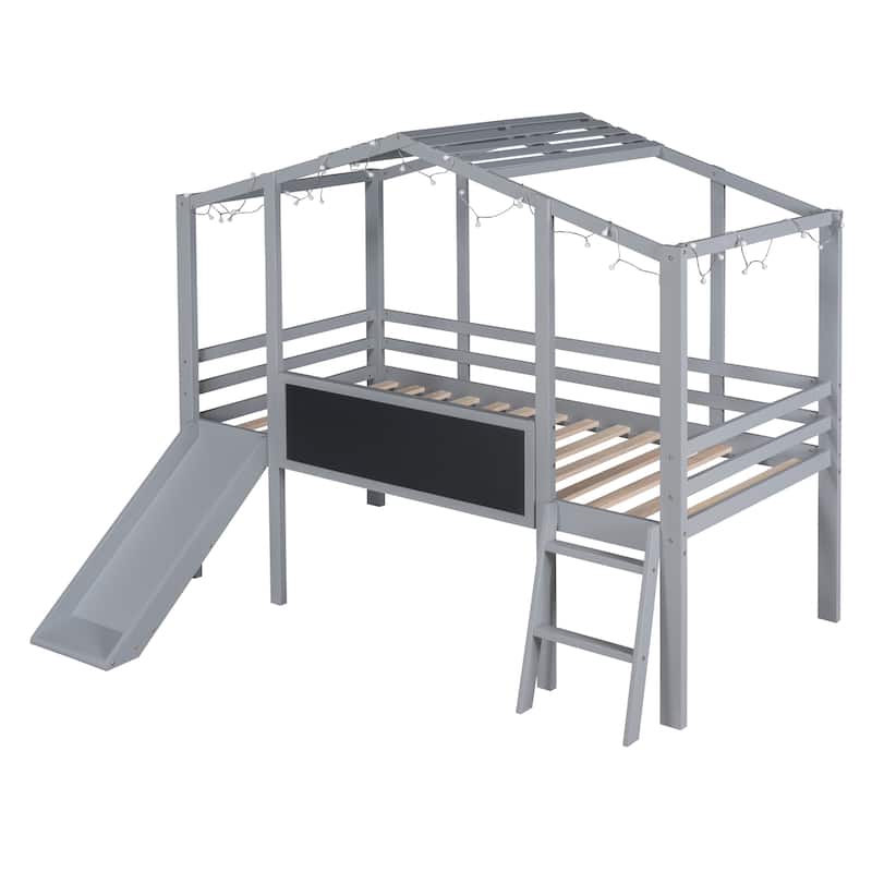 Twin Size Solid Wood Loft Bed with Ladder and Slide, House Bed with Blackboard and Light Strip on the Roof