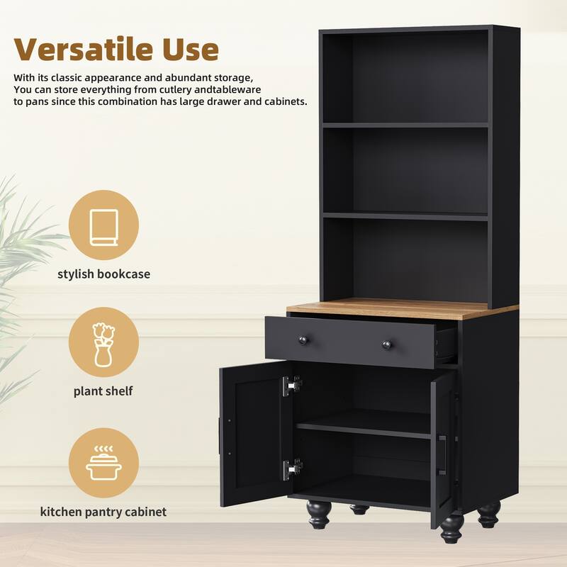62.9" Farmhouse Kitchen Pantry Cabinet with 4 Solid Wood Legs, Open Shelves, Drawer, and Enclosed Storage Compartment