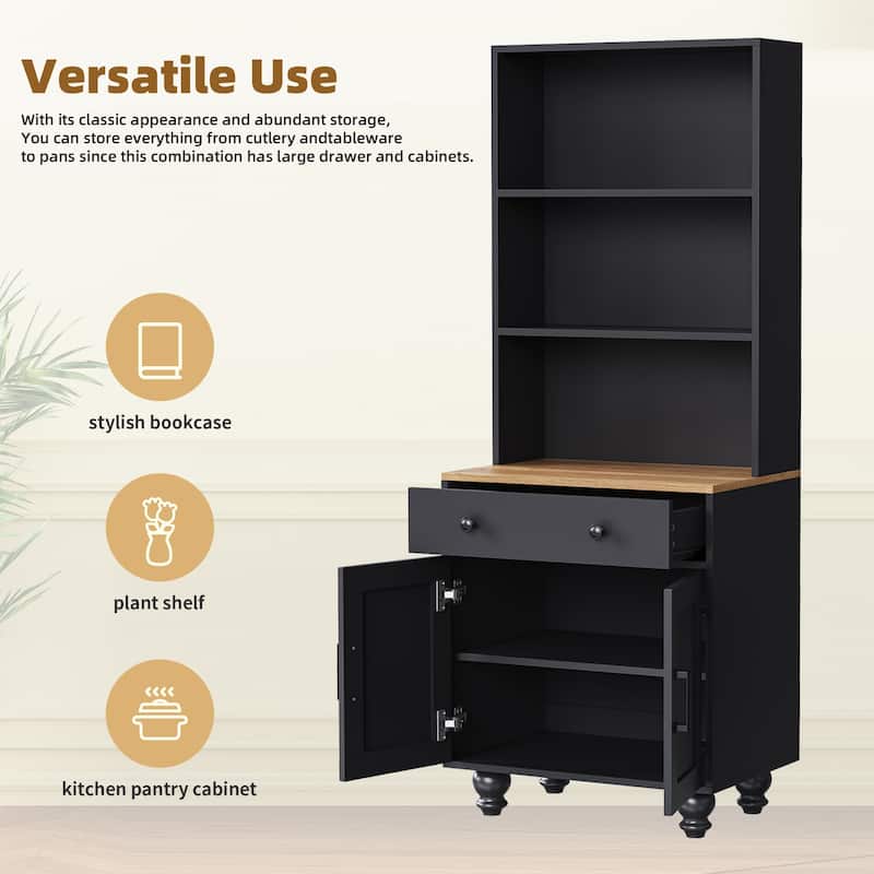 Storage Cabinet with 4 Solid Wood Gourd-Shaped Legs,Kitchen Pantry Cabinet with Adjustable Shelves,5 Tier Bookshelf with Drawer