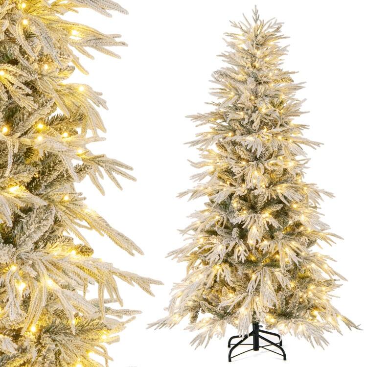 Pre Lit Snow Flocked Artificial Christmas Tree with Warm White LED Lights and Metal Stand