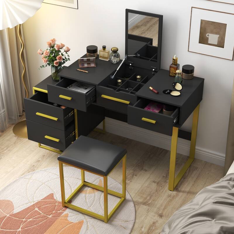 Makeup Vanity Set with Mirror , Dresser Table with Nightstand , with 4 Drawers - Black