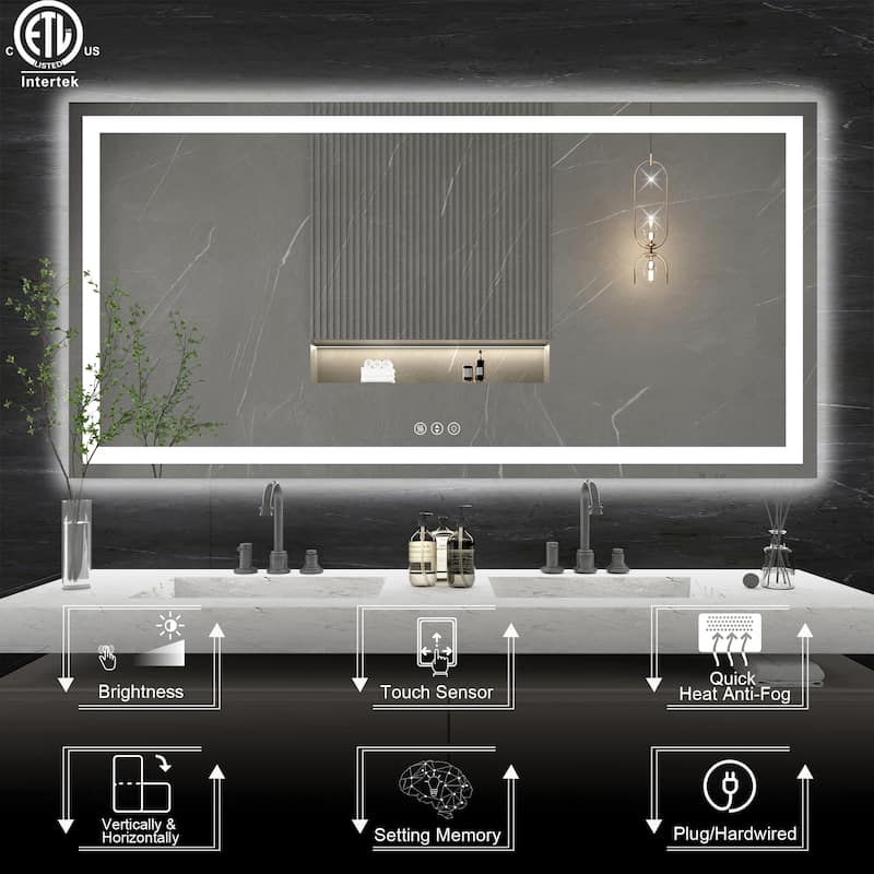 Large Rectangular Frameless Anti-Fog LED Light Wall Mounted Bathroom Vanity Mirror in White - N/A