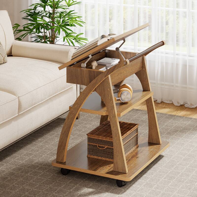 Side Table with Wheels, 3-Tier End Table with Adjustable Tabletop