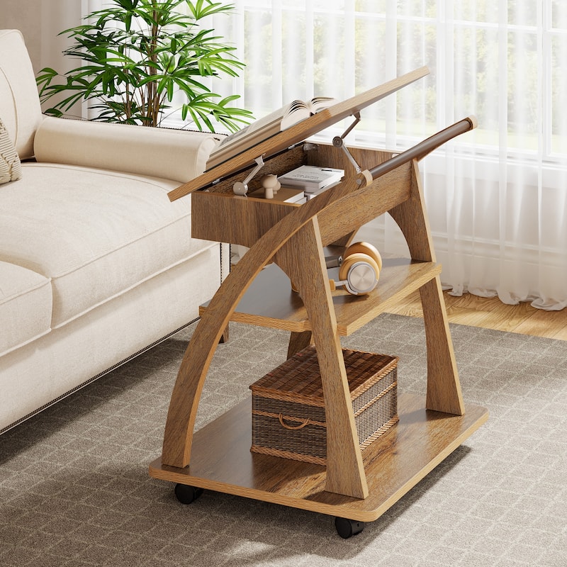 Side Table with Wheels, End Table for Couch with Adjustable Tabletop