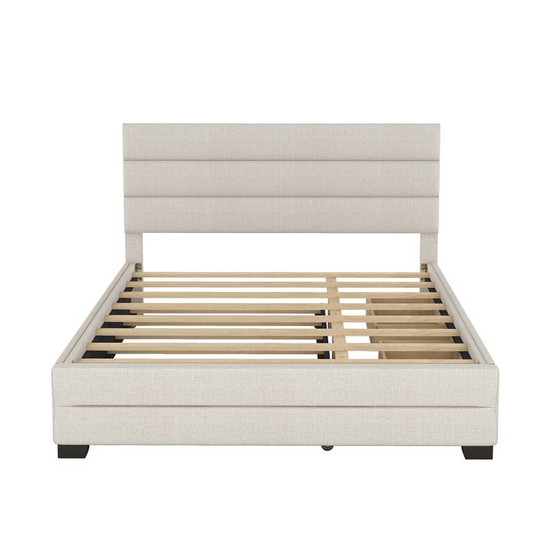 Roomfitters Queen Upholstered Platform Bed with Twin Trundle and Side Compartments for Extra Storage, Beige