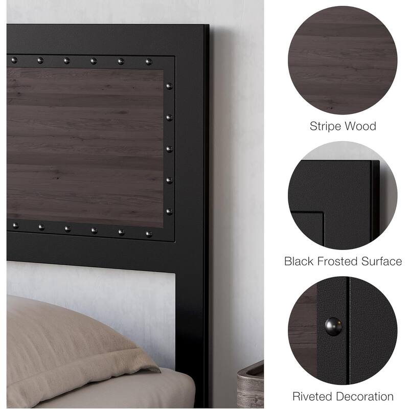 Platform Bed with Headboard, 4 Storage Drawers & Charging Station, Rivet Detail, Metal Slats, Gray