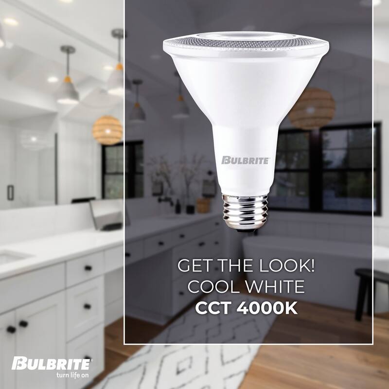 Bulbrite Pack of (4) 10 Watt Dimmable Flood PAR30 Long Neck Medium (E26) LED Light Bulb - Cool White Light