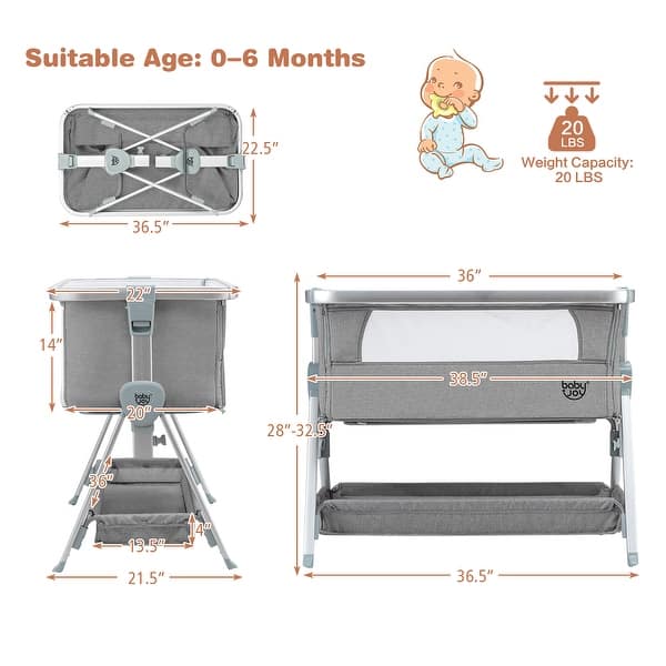 dimension image slide 5 of 6, Babyjoy Baby Bed Side Crib Portable Adjustable Infant Travel Sleeper - See Details