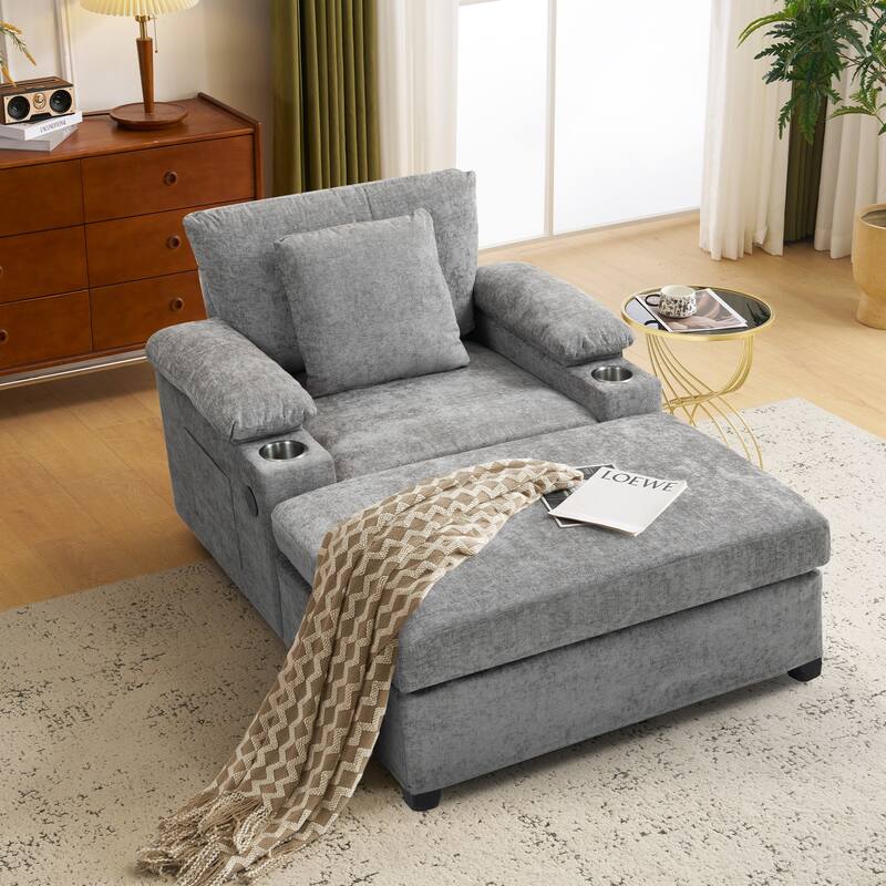 Modern 58" Oversized Chaise Lounger Armchair with Ottoman, Chenille Sleeper Sofa Couch with Charge Station & USB Ports - Grey