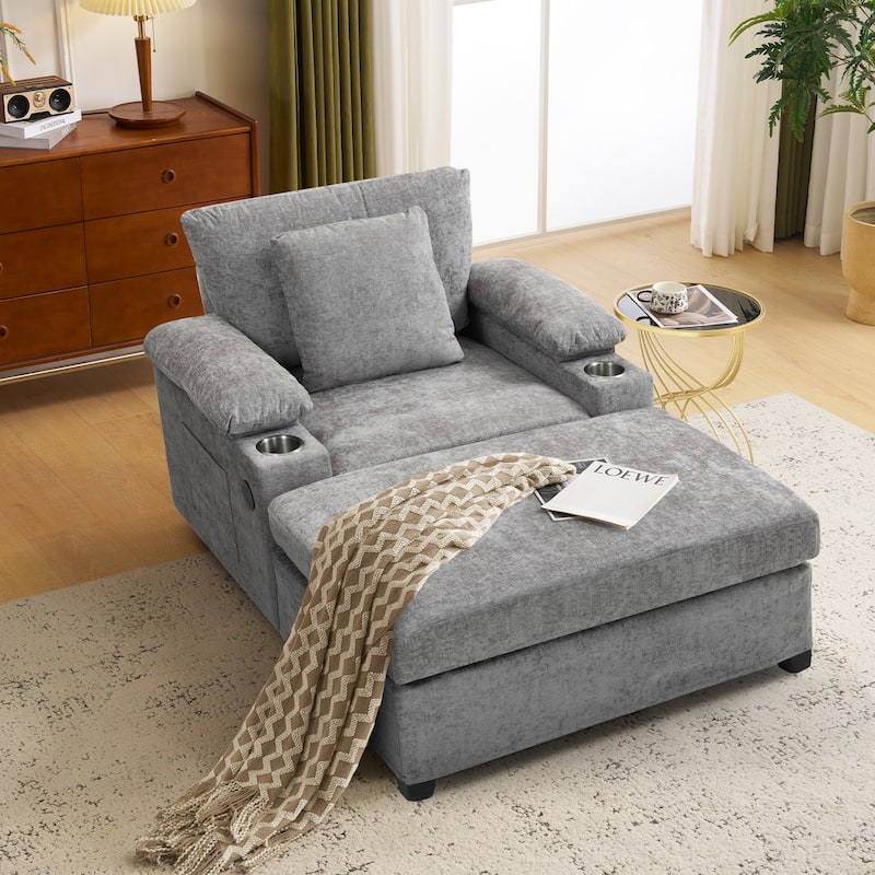 Oversized Chenille Sofa Chair with Ottoman Sleeper Sofa with Cupholders/USB Charging Ports - LIGHT GREY