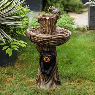 Brown Resin Carved Tree Bird Bath Fountain - 33.9" H x 18.9" W x 18.9" D